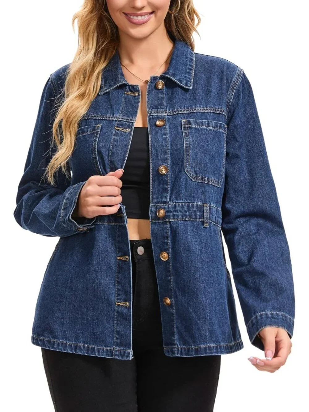 Women's Dark Blue Jacket Long Sleeve Causal Distressed Denim Button Down Jackets